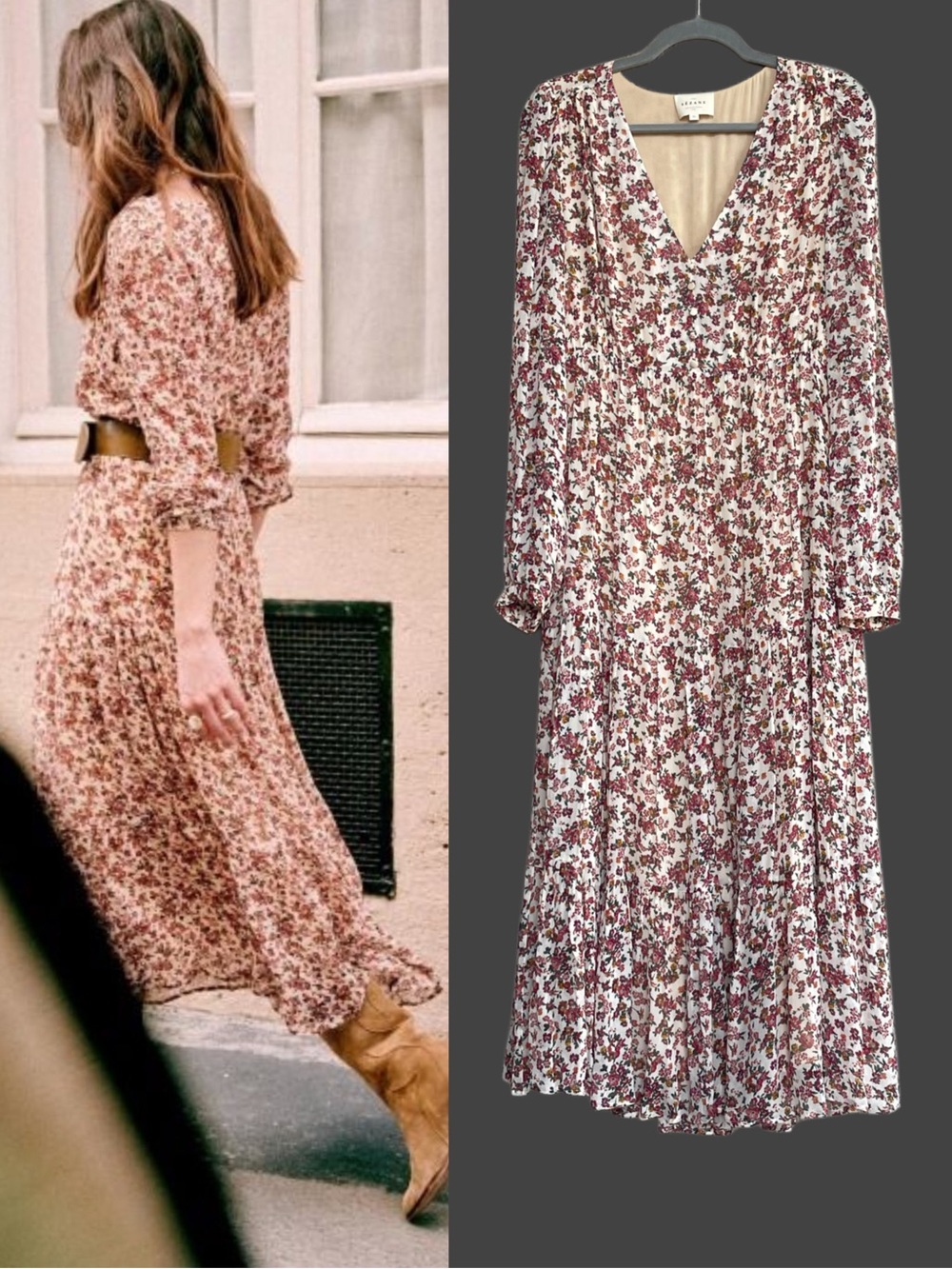 SEZANE Pink Red Ecru Floral Printed Long Sleeve V Neck Chiffon Alana Midi Dress